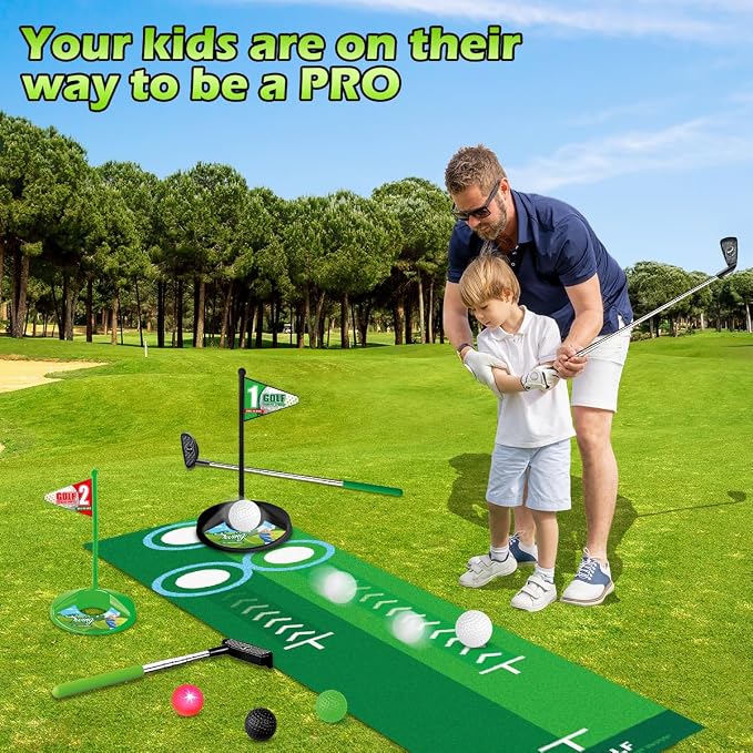 TERRAMUS Upgraded Kids Toy Golf Set with Dinosaur Automatic Golf Returner, Led Light Up Night Golf Balls, 3 Clubs, Putting Mat, 3-8 Toddler Mini Golf Games, Indoor Outdoor Sports Toys for Boys Girls