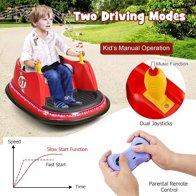 Costzon Bumper Car for Kids, 12V Electric Toddler Bumping Car with Remote Control, Dual Joysticks, 360 Spin, Music, Flashing Lights, Slow Star, Toddler Bumper Car Ride on Toy for Boys Girls Gift (Red)