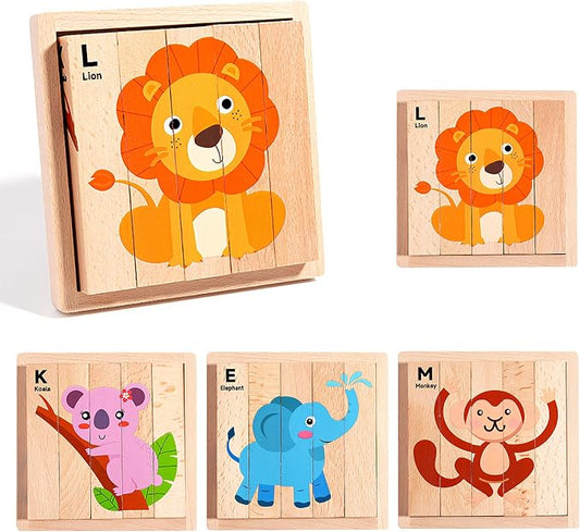 4 in 1 Montessori Wooden Puzzle Toy for Toddlers Ages 2 and Up – Educational Toys for Kids, Toddler Puzzle Toy for Early Learning & Fine Motor Development-Animal