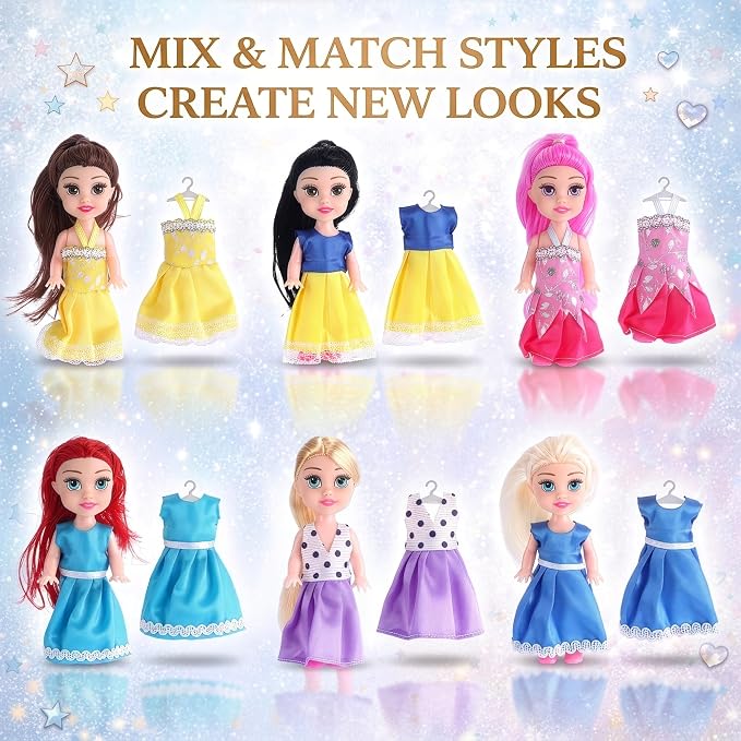 Liberty Imports 12 Pack Little Royal Princess Dolls - Mini Pocket Size Toddler Toys Fantasy Pretend Play Set with Dress, Accessories for Kids, Girls Dollhouse, Party Favors (4.5-inches)