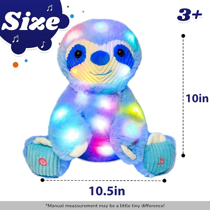 Light-up Plush Blue Sloth LED Stuffed Animal Birthday Christmas Plushies Toy Gifts for Kids Toddler Girls, 10.5"