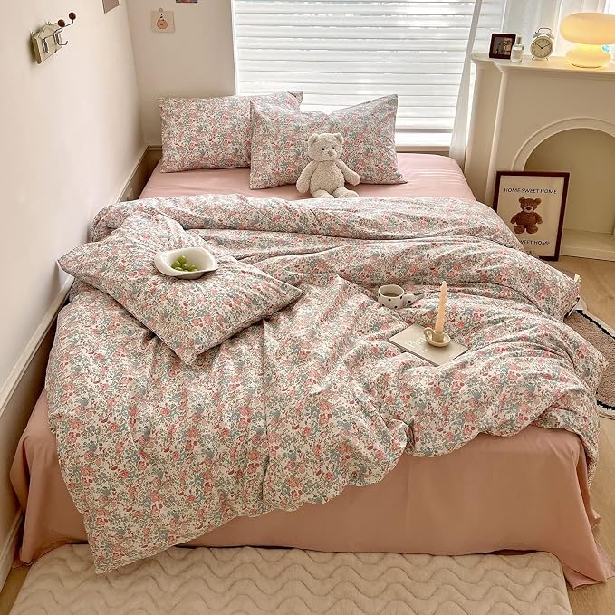 LIFETB Pink Floral Comforter Set Full Cute Girl Floral Bedding Comforter Set for Full Size Bed Chic Garden Style Flower Comforter with 2 Pillowcases Vintage Botanical Bedding Comforter Set All Season