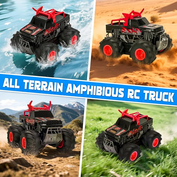 BainGesk Remote Control Monster Truck Toys, 1:16 Amphibious Waterproof RC Car, 2.4GHz 4WD All Terrain Toys with 2 Rechargeable Batteries, Off-Road Truck Gifts for 6 7 8 9 10 11 12 Year Old Boys