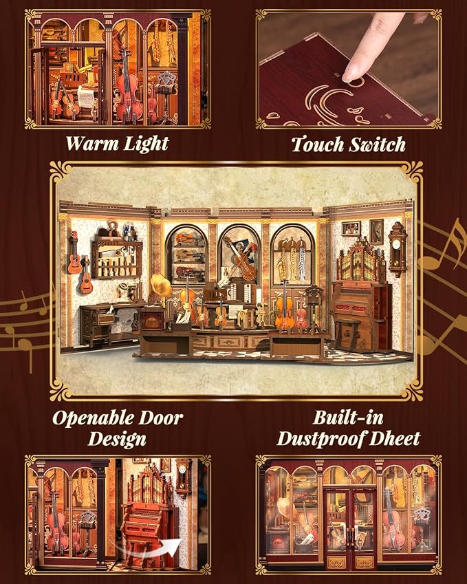 Book Nook Kit, DIY Miniature Music Workshop-Themed, 3D Wooden Puzzle Dollhouse with LED Lights, Bookend & Creative Bookshelf Decor, Craft Gifts for Family and Friends & Music Lovers (Bach Strings)
