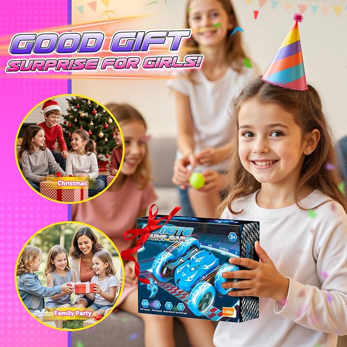 Excitobo Remote Control Car,RC Cars for 4 5 6 7 8 9 10 11 12 Year Old Girl Double Sided 360°Flip 4WD Rechargeable Drift RC Race Car Girls Toys Birthday Gifts Easter Basket Stuffers for Kids Age 4-12