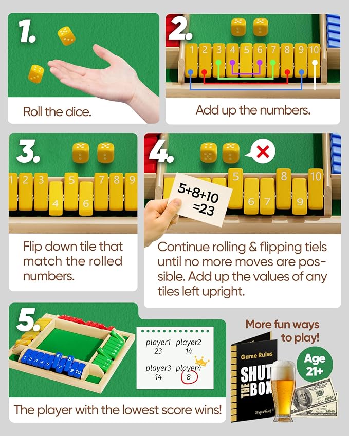 Original Classic 2-6 Player Shut The Box Game, Math Dice Board Game for Family Night Classroom Travel, Wooden Classic Table for Group Kid Adult Senior Camp Party Bar Easy Quick and Fun