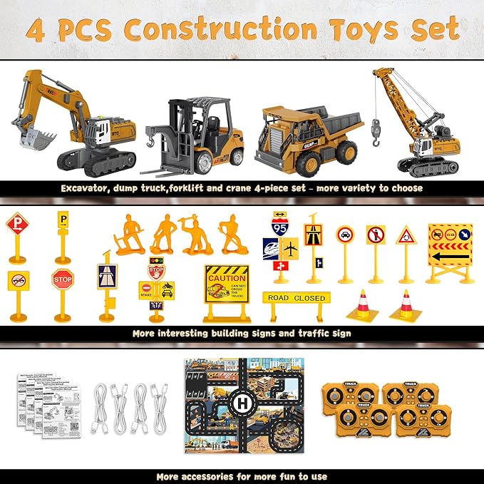 4 PCS RC Construction Vehicles Set with Mini Excavator dump truck Forklift and crane USB Charge Real Lights & Sounds and Movable Parts & Traffic Sign Simulate True Scale Birthday Gifts for Kids Adults