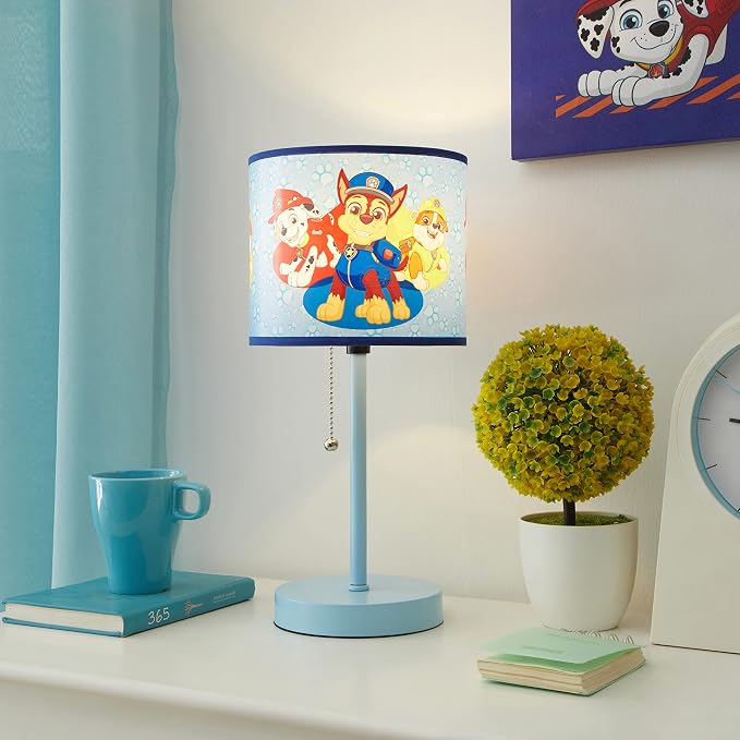 Nickelodeon Paw Patrol Kids Table Lamp with Pull Chain, Stick Lamp Featuring Chase, Rubble & Marshall, Decorative Printed Shade for Bedroom, Playroom or Nursery Lighting