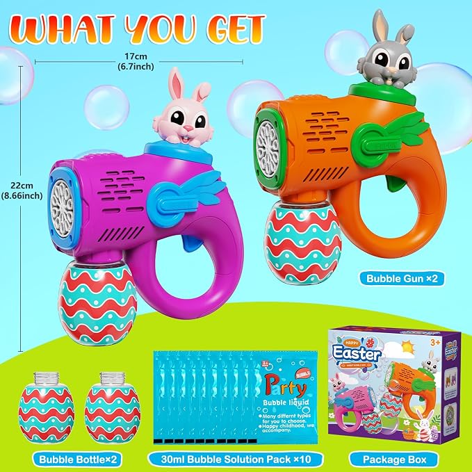 IFLOVE Bubble Guns for Kids 2 Pack, Bunny Bubble Machine Ages 3-8 Outdoor | Bunny & Easter egg design, 12 outlets blow 5,000+ bubbles; 10 solution packs; summer outdoor toy; needs 4 AA batteries