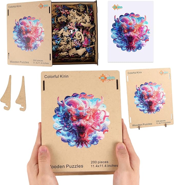MEATRN Dragon Wooden Puzzles for Adults - Oriental Mythology Kirin Wooden Jigsaw Puzzle, Luxury Wood Wall Decorative for Collectors, Unique Gift & Home Décor, 203 Pcs, 11.4x11.4 in