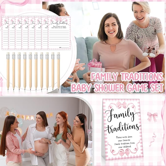 Fumete 61 Pieces Family Tradition Baby Shower Games Include 1 Family Traditions Standing Sign and 50 Activities Cards with 10 Pencils for Gender Reveal Bridal Shower Wedding(Pink,Bow)
