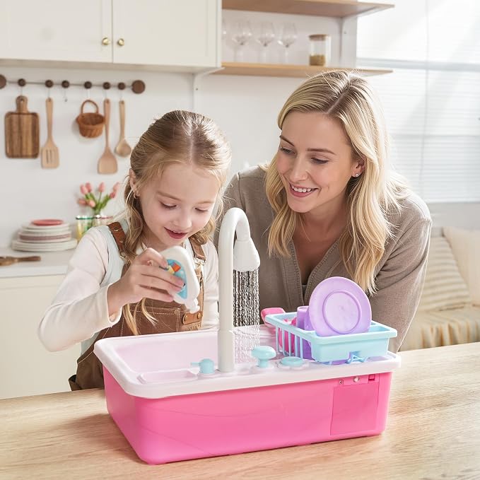 lalalark Color Changing Play Sink with Running Water, Toddler Sink with Electric Dishwasher, Chopping Sounds and Automatic Water Cycle System, Water Table for Toddlers 1-3 Birthday Gift