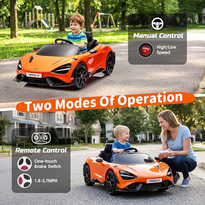 Kids Ride-on Car Licensed McLaren765LT for 3-6Years Old, Electric car 12V Battery Powered Electric Vehicle, w/Parent Remote, Music Player, LED Lights, Smooth Start, 3 Speeds, (Orange)