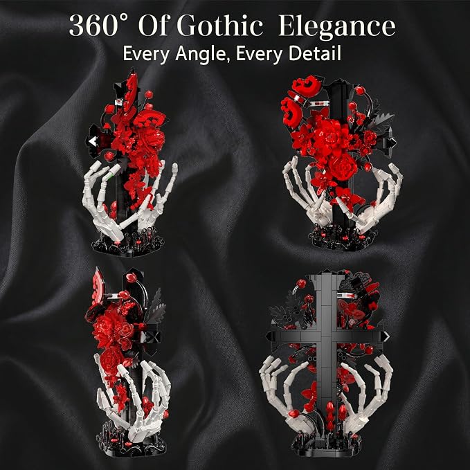 Gothic Decor Gothic Cross with Skull Hands Building Set – 8+ Halloween Decor, Bone Hands Holding Flower Cross & Butterfly, Home Office Shelf Accent, Valentine’s Day Gift for Adults(901PCS)