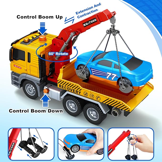 Bstoyder Kids Toys for 3 4 5 6 7 Years Old Boys, Large Tow Truck Toy, Friction Powered Transport Truck Crane Vehicle Toy with Lights and Sounds, Racing Car, Birthday Gifts for Boys Girls