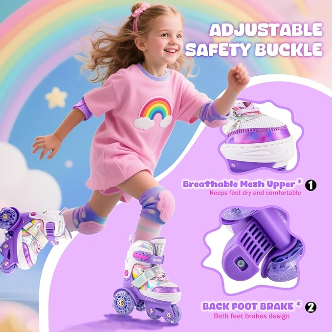 SULIFEEL Rainbow Unicorn 4 Size Adjustable Roller Skates for Girls Boys for Kids Ages 3-5 5-8 6-12 Children Skates Indoor Outdoor