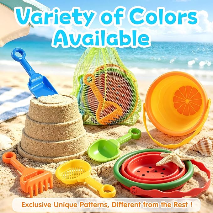 Collapsible Beach Toys for Kids, 2 Packs Foldable Silicone Sand Buckets Set with 4 Packs Sand shovels and Mesh Bag, Travel Beach Essentials for Sandbox, Pool, Camping,Fishing, Summer Party Favors