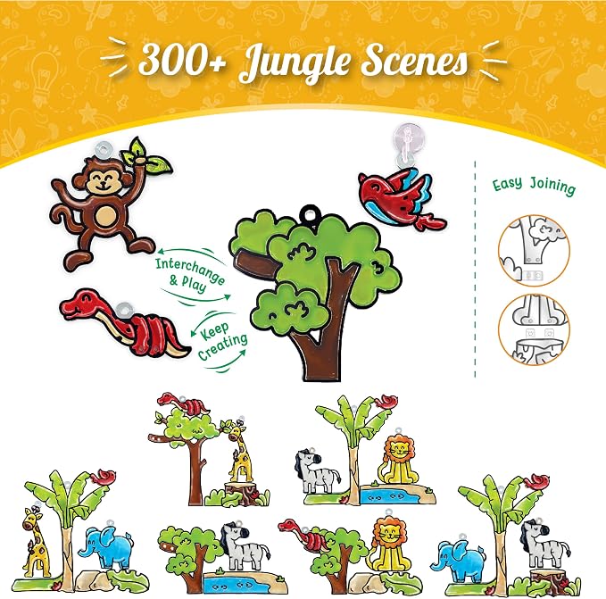 Imagimake Window Art Jungle | Low Mess Suncatcher Kit | 16 Pieces Glass Painting Set | Kids Activities Ages 5-8 | DIY Craft Kit | Birthday Gift for Boys & Girls Ages 5,6,7,8,9,10,12 Years Old
