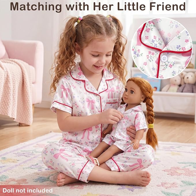 FIOBEE Girls Satin Pajamas Doll Matching Clothes, Stain Button Down Pjs Set Fits 18 Inch Dolls Soft Silky Toddler Kids Sleepwear White Floral