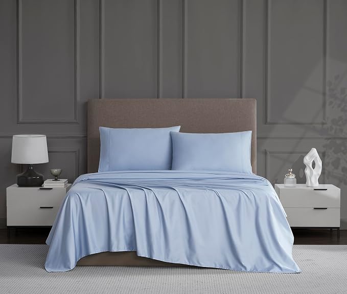 Linen Closet Luxury 1200 Thread Count Full Size Sheets Set, 4 Pieces, Cotton Rich, Blue, Soft, Durable & Wrinkle Resistant Sateen Sheets, 16" Deep Pocket Fitted Sheet, Home & Hotel Essentials