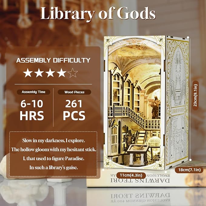 CCCDF Book Nook Kit, DIY Miniature Dollhouse Booknook Kit, 3D Wooden Puzzle Bookend Bookshelf Insert Decor with LED Light for Teens and Adults (Library of Gods)