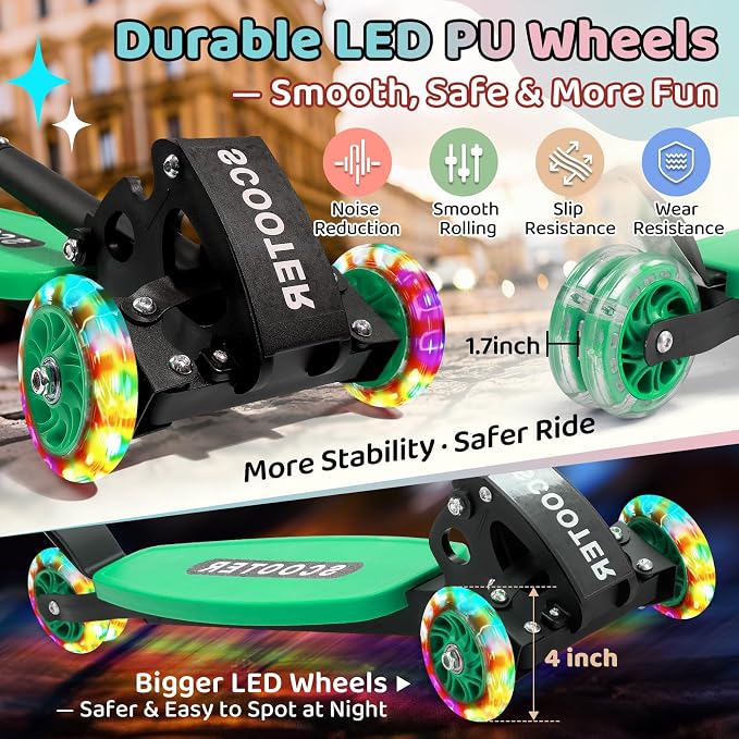 Kick Scooters for Kids 5-7 8-12,Lean to Steer,Three Wheeled Light Up,28"-32" Adjustable Handlebar,Widen Anti-Slip Deck,Floor Push Scooter for Boys Girls Ages 6-12 3-4 Old,Foldable for Travel