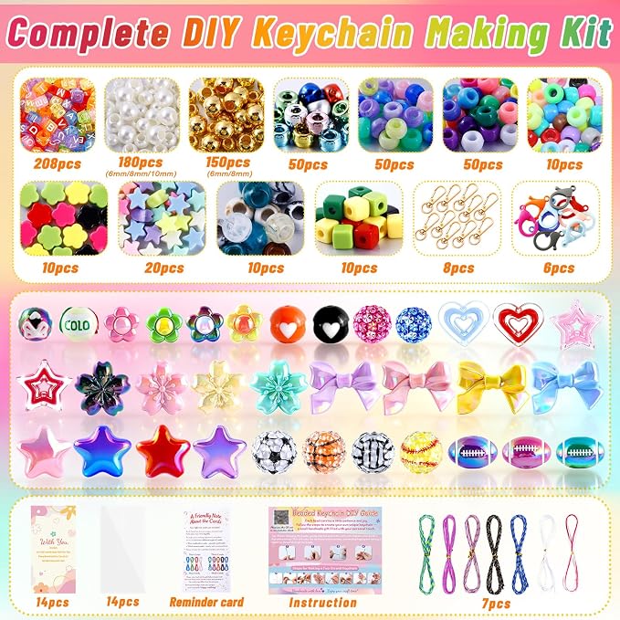 TOHONGADON 883 PCS Bead Keychain Making Kit, Colorful Bead Keychain Kits, DIY Bag Charm Kit, with Video Manual Gift Bags, Perfect for Gifts Party Festival Family Activity