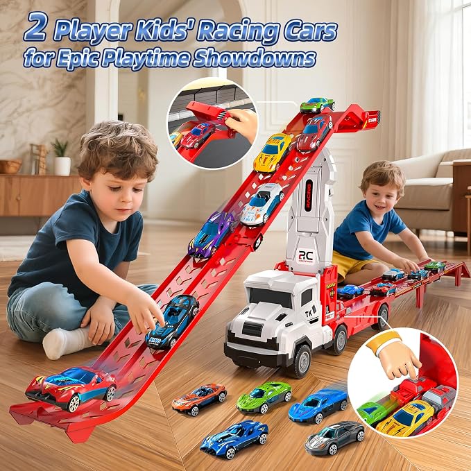 Transport Truck Toys for 3 4 5 6 7 Years Old Boys,Toys Cars Track Set Transporter Trucks with 12 Die-Cast Car Toys 2 Race catapults Dual-Track Model,Toddler Car Toy Set for Kids Boys Girls