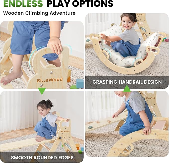 BlueWood Pikler Triangle Set with Cushion, 8-in-1 Climbing Toys for Toddlers, Montessori Philosophy Play Jungle Gym with Arch, Ramp, Ladder(Mauve Pink)