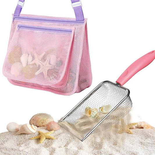 Beach Mesh Shovel with Mesh Beach Bag for Shell Collecting,Metal Shark Tooth Sifter Sand Dipper Beach Scoop for Kids Boys Girls