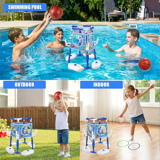Pool Basketball Hoop 3-in-1 Basketball Football Ring Toss Games Pool Toys with 5 Balls, Floating Basketball Hoop for Pool for Kids & Adults Indoor Outdoor