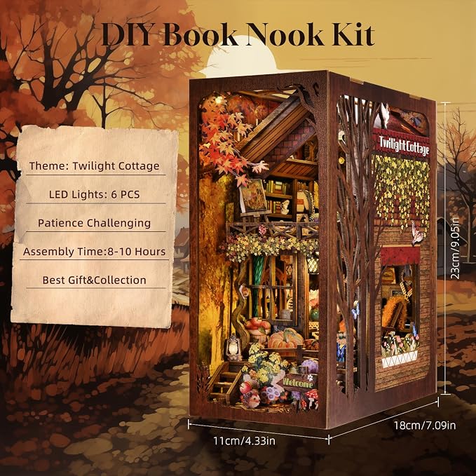 TOYQI Book Nook Kit, Book Nook Kits for Adults | DIY Miniature Dollhouse Kit 3D Wooden Puzzle Booknook Bookend with LED Light