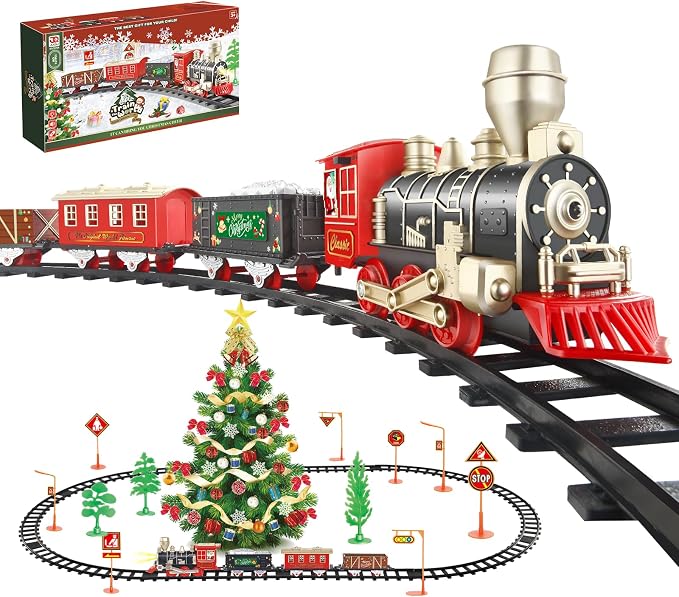 JQ JUQU Electric Train Set for Kids Ages 4-8 with Lights and Music - 20-Piece Toy Train and Tracks Set for Children, Compatible for Christmas Tree and Year-Round Play