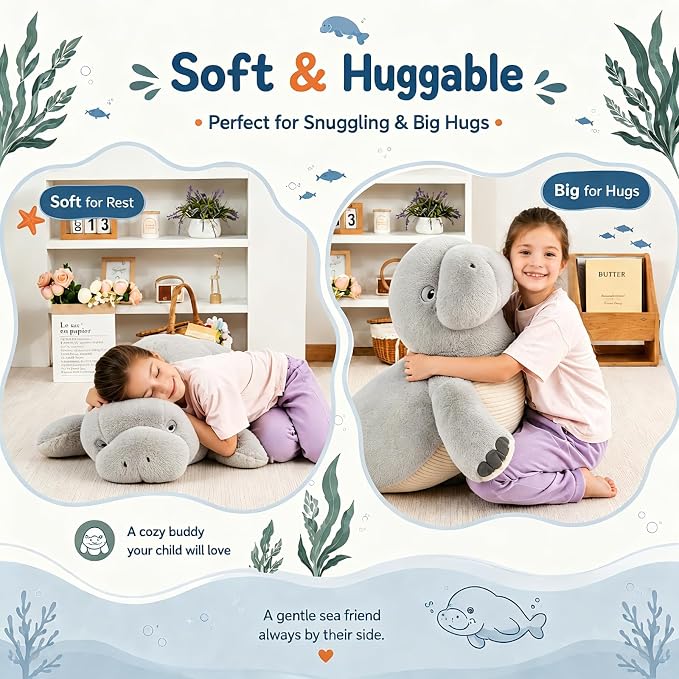 MorisMos 47 Inch Giant Manatee Stuffed Animal, Grey Manatee Plush Toy, Soft Sea Cow Plush Body Pillow for Sleeping, Cuddles & Home Decor, Christmas Birthday Gift for Kids Adults
