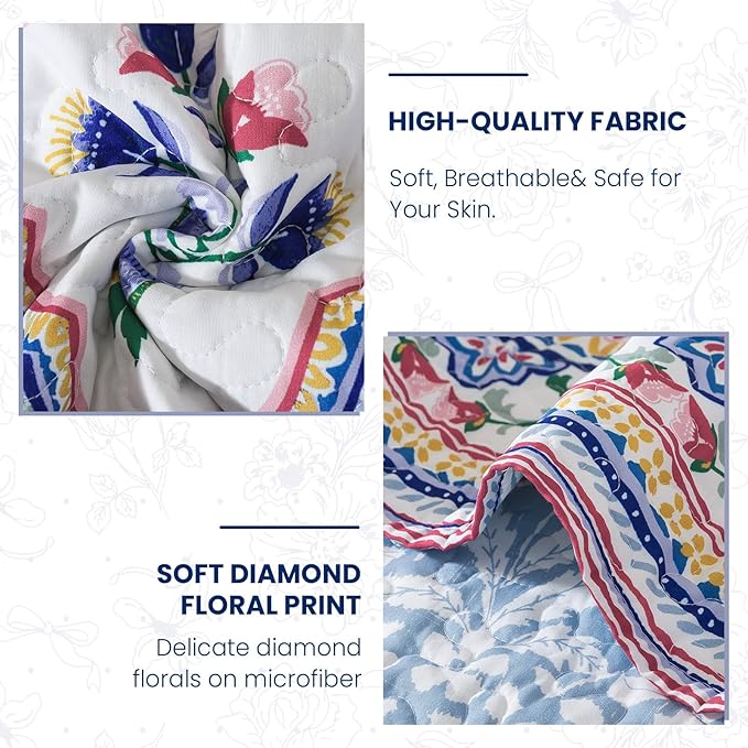 NEWLAKE Quilt Set Queen Size, Bedspread Sets Elegant Floral, Reversible Quilt Bedding Set Lightweight and Breathable for All Seasons, Soft Quilted Bedspread with 2 Pillow Shams