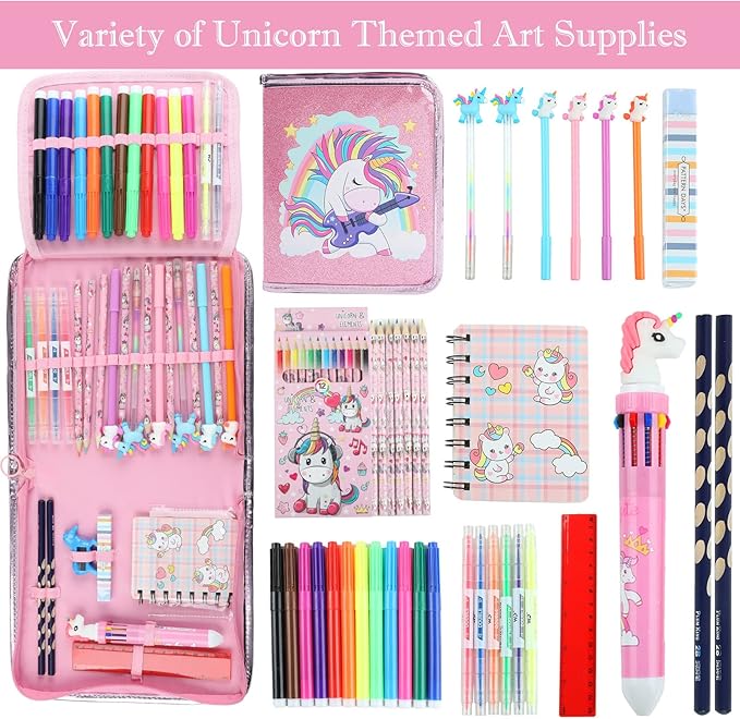 Leeche Fruit Scented Markers Set 44 Pcs Filled Stationery with Unicorn Pencil Case,Art Supplies for Kids Ages 4-6-8, Perfect Unicorn Gifts for Girls,Assortment Marker Pencil Gel Pen Coloring