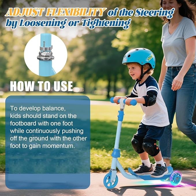 Kids Scooter Ages 3-7, 3 Wheel Scooter with LED Light Up Wheels, Safer Steering & Adjustable Handlebar, Wide Anti-Slip Deck, Heavy Duty Metal Kick Scooter for Boys Girls Toy Gift, Up to 110 lbs