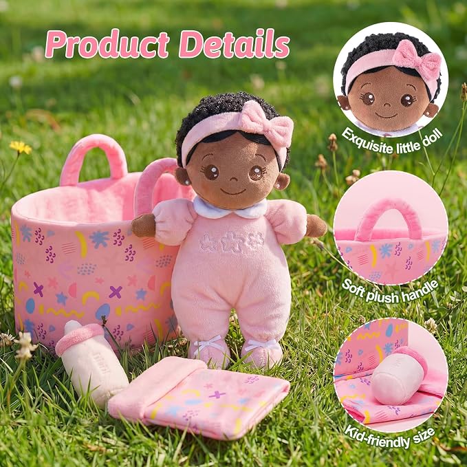 OUOZZZ 10" Black Baby Doll Accessories with Soft Doll, Bassinet, Blanket and Bottle, Toys for 2 Year Olds Girls Birthday Gift, Interactive Pretend Playset for Social Emotional Learning