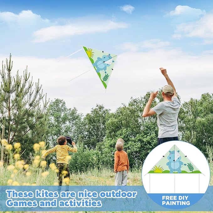 Syhood 60 Pcs DIY Coloring Kites Kit for Kids Pre-Printed Cartoon Animal Kites Summer Decorating Making Kit with Watercolor Pens and Strings Handles for Outdoor Game and Activities