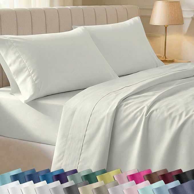 California Design Den Soft 100% Cotton Twin Sheet Set, 400 Thread Count Good Housekeeping Award Winner, Silky Sateen Weave, Long Staple Cotton Bed Sheet Set - Ivory (Pale Tone)