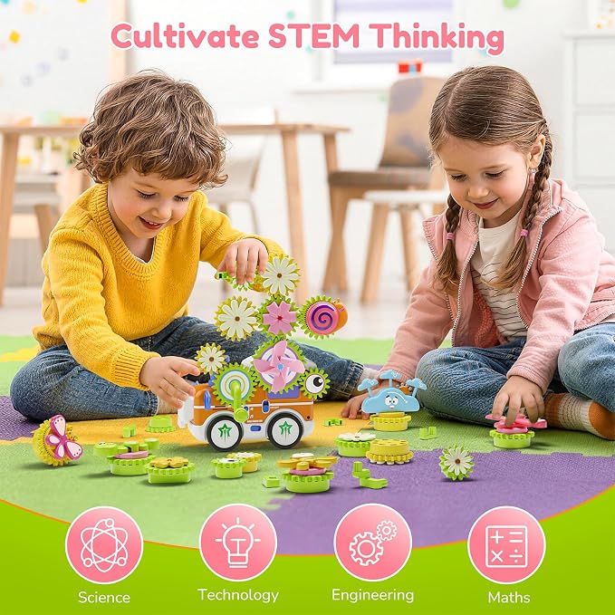 Gears Building Toys for Kids Ages 3+, STEM Construction Set for Toddlers, Train and Flower Models with Electric & Manual Modes, Lights and Music, DIY Educational Learning Toys Gift for Boys and Girls