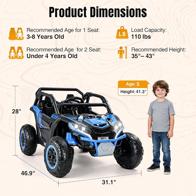 Firstness 24V Ride on Toys 800W Electric Remote Control Ride on Cars for Kids 2-Seater Riding Cars for Kids Ages 3-8, 3 Speed Mode, Music, LED Light, Off-Road UTV Ride on Truck for Boys & Girls, Blue