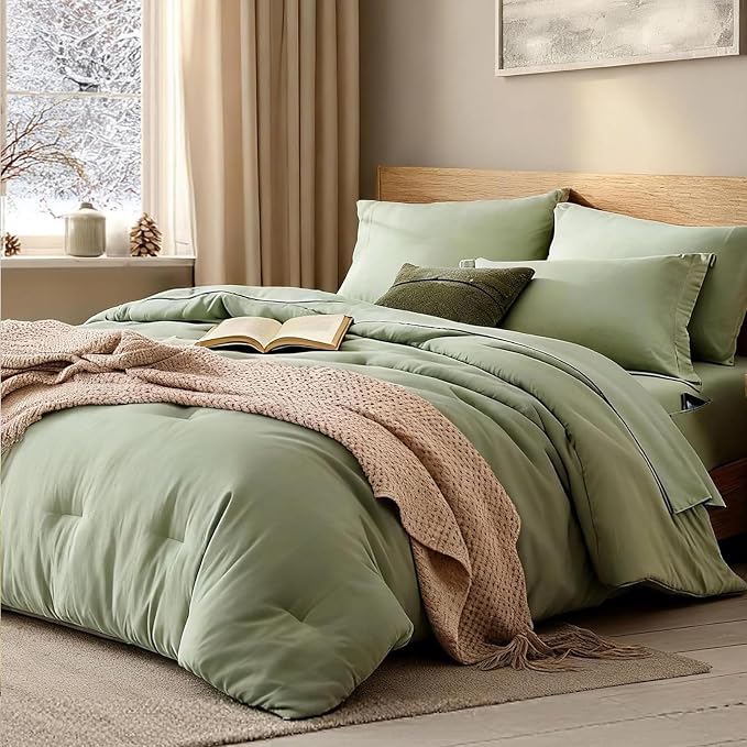 WRENSONGE Super King Comforter Set - 7 Pieces Sage Green Soft Bed in a Bag Super King with Fitted Sheet, Flat Sheet, 2 Pillow Shams, and 2 Pillowcases- Warm Bedding Sets for All Season