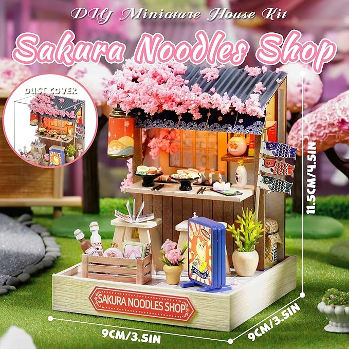 Kisoy Dollhouse Miniature with Furniture Kit, DIY 3D Wooden DIY House Kit with Dust Cover, Handmade Tiny House Toys for Teens Adults Gift (Sakura Noodles Shop)