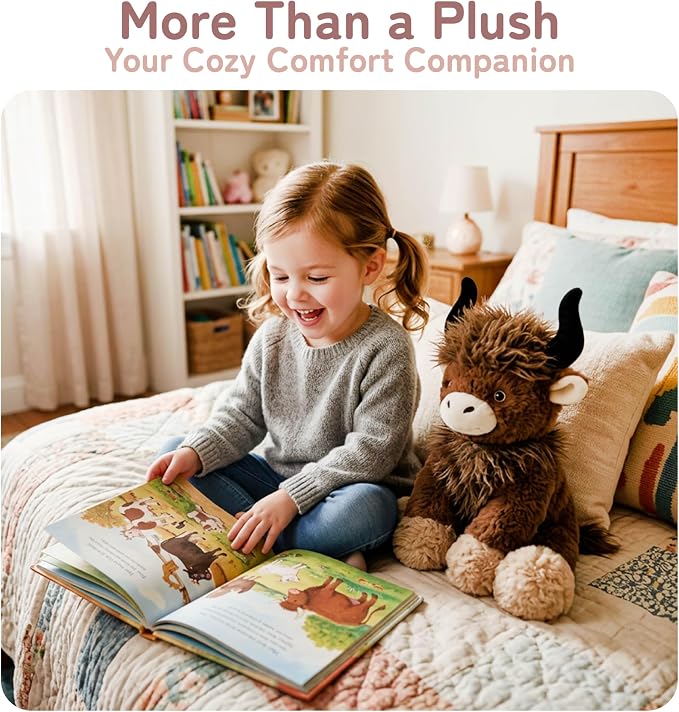 Niuniu Daddy 14" | 3.5 Pound Weighted Stuffed Animals Highland Cow, Weighted Plush Stuffy Realistic Scottish Cow Plushy for Kids Adults, Sitting Cuddly Toy Huggable Gift for Everyday Comfort