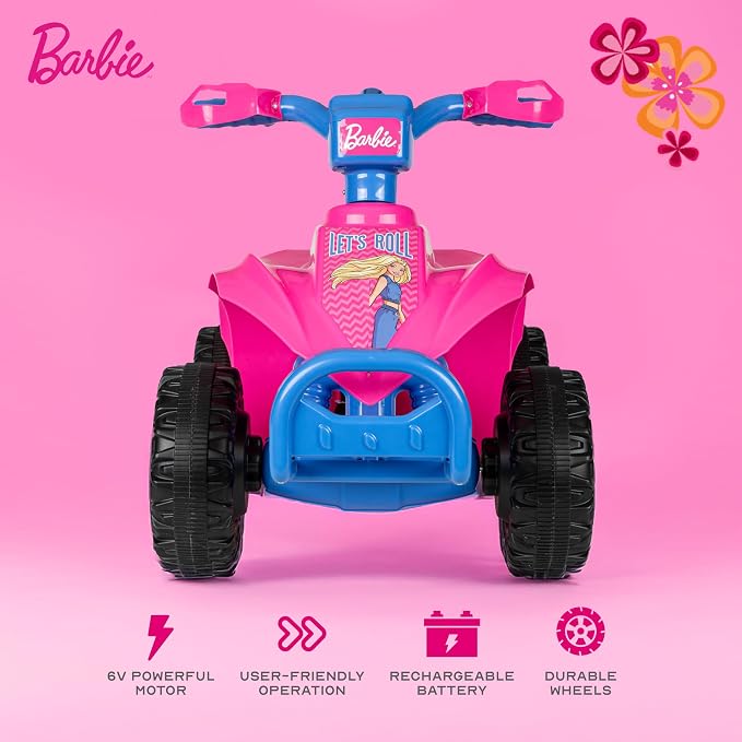 Barbie - 6V ATV Ride On Toy for Kids, LED Headlights, Battery Powered