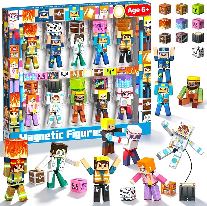 Annexfun 20 Pcs Magnetic Action Figures Playset, Magnetic Building Block City Toys with Magnetic Cubes, 360° Rotating Arms and Legs, Creative Play Set for Kids 6+, Birthday Gifts for Boys Girls