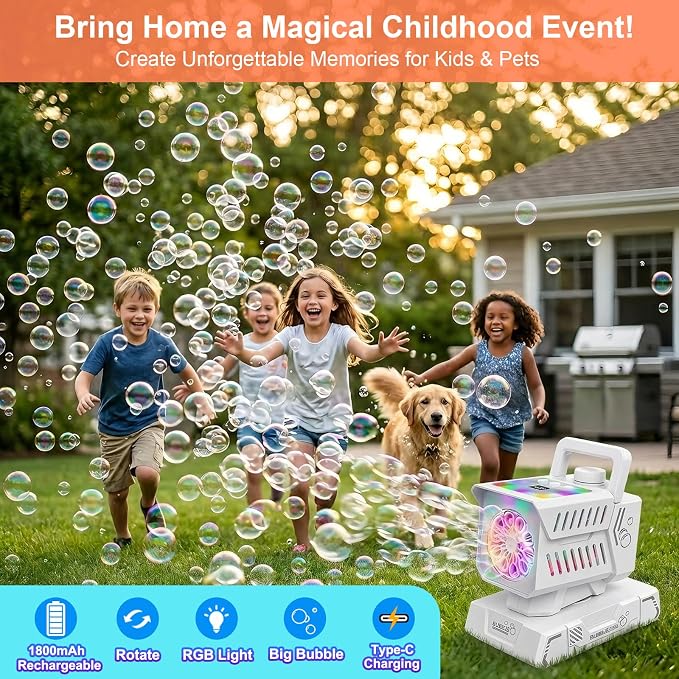 Bubble Machine for Kids, Rechargeable Bubble Blower with Remote & RGB Lights, Automatic Rotating Battery Bubble Maker for Birthday Parties, Weddings, Outdoor Activities