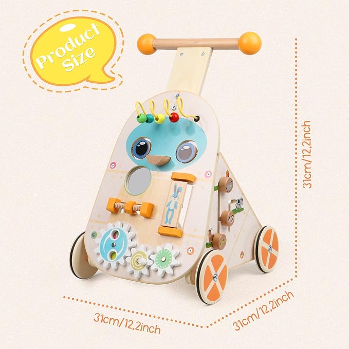 Wooden Baby Walker, Adjustable Speed Baby Push and Pull Learning Activity Walker, Wooden Push Walker Activity Center Toy with 7 Educational Activities, Learning & Walking Toy for Boys Girls