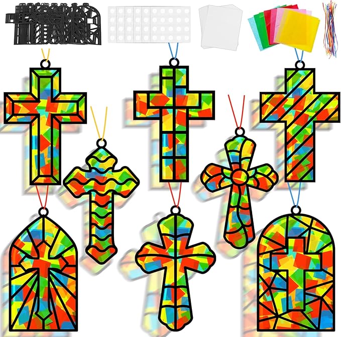 Lonfliness 32 Set Cross Suncatchers Craft DIY Religious VBS Window Stain Glass Effect Paper Christian Home Sunday Easter Decorations Art Craft Creative Activity Project Gift Favor